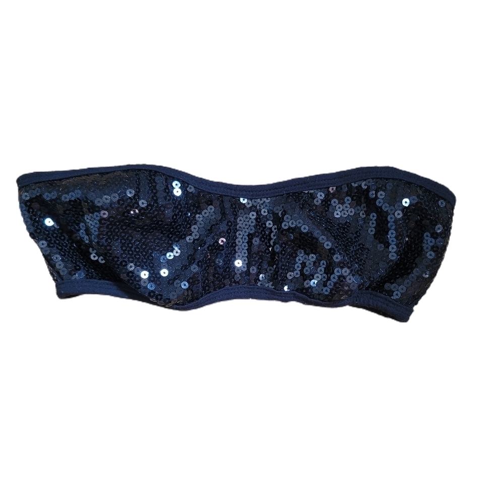 Check & Stripe Top S Small Black Sequins Bandeau Tube Top